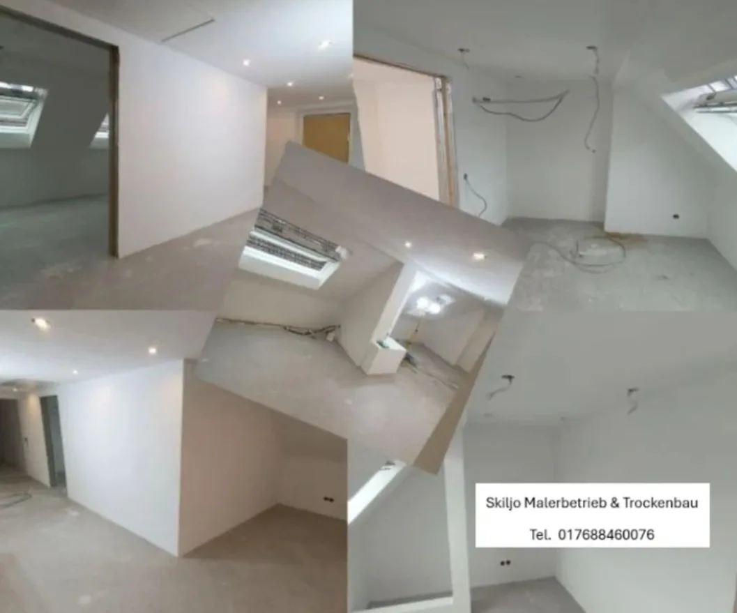 Fertig gespachtelte und weiß gestrichene Räume im ausgebauten Dachgeschoss